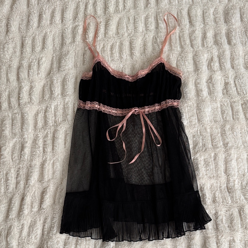 Victoria's Secret Vintage Black and Pink Sheer Babydoll Chemise